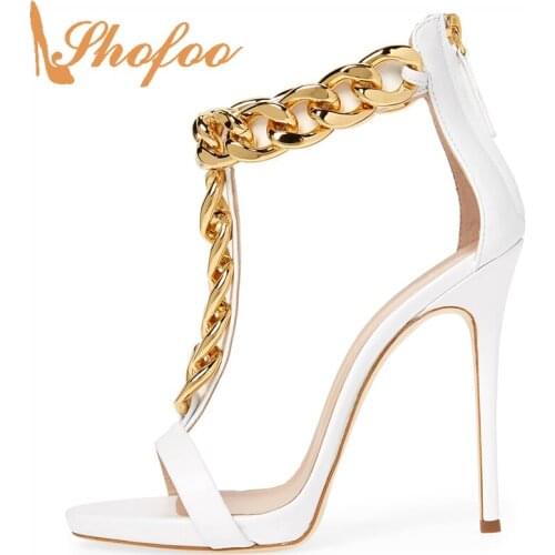 White Chains T-Strap Stilettos Sandals Woman High Thin Heels Zipper Open Toe Large Size 11 16 Ladies Party Shoes Elegant Mature