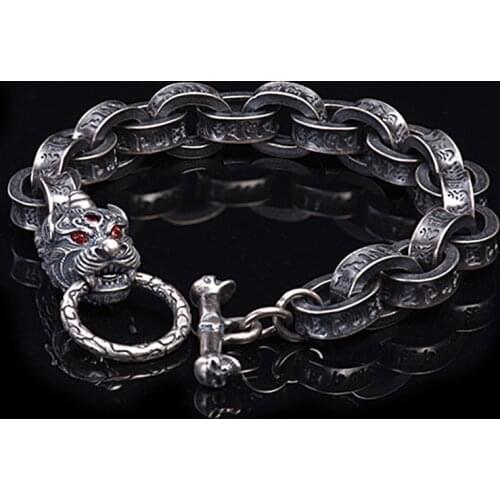 S925 Sterling Silver bracelet One horn dragon six Words character mantra chain Thai Silver Bracelet Silver jewelry for men Women