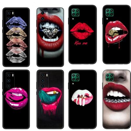 Black tpu Case For Huawei P30 Lite P30 Pro P40 Case For Huawei P40 LITE P Smart Case Cover Sexy vampire red lips Funny Halloween