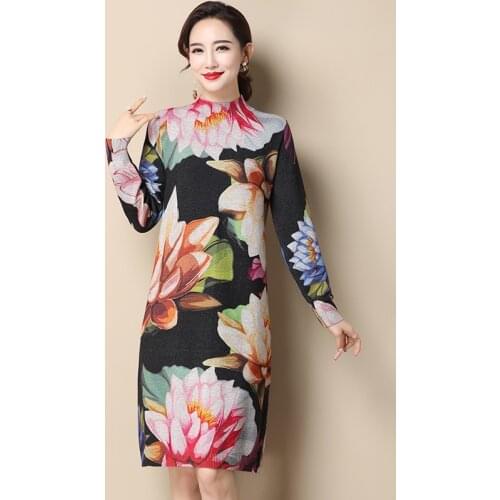 Women Plus Size Sweater Dress Vintage Printing Long Sweater Ladies Turtleneck Floral Knit Dress Pullovers