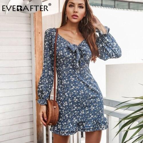 EVERAFTER Chic Floral Print High Waist Women Dress Autumn Long Sleeve Zipper Elegant Ruffled Bow Holiday Beach Mini Dress Ladies