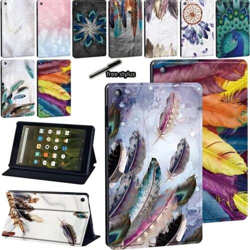 PU Leather Stand Cover Case For Amazon Fire 7 (5th 7th 9th)/HD 8 (6th 7th 8th) Gen/HD 10(5th 7th 9th) Feather Print pattern