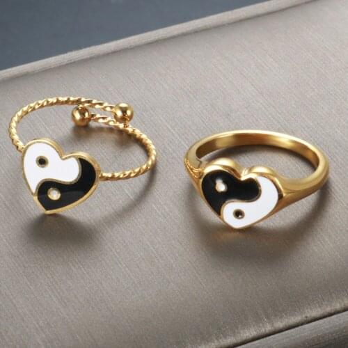 Cute Heart Black Green Enamel Ring Yin Yang Adjustable Ring For Women Stainless Steel Fashion Ring Jewelry