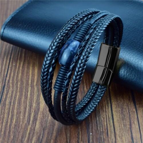 Fashion Leather Bracelet Natural Stone Beaded Bracelets for Men Stainless Steel Magnetic Clasps Bangle 2020 Mens Jewelry