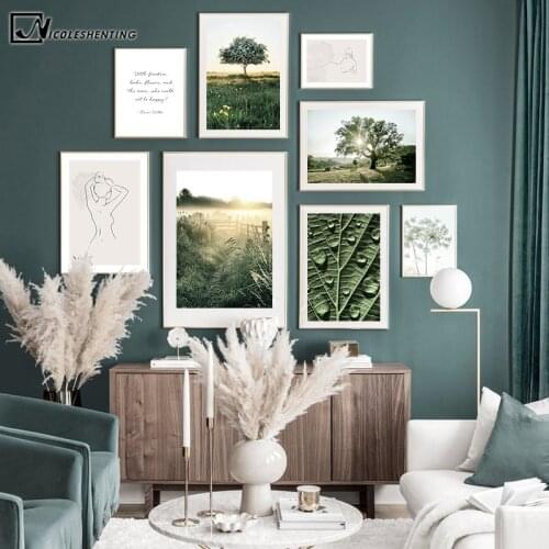 Morning Sunrise Grass Tree Nordic Canvas Painting Sunlight Nature Landscape Poster Wall Art Print Scandinavia Decoration Picture