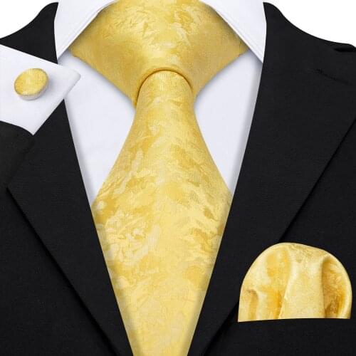 Men Tie Set Yellow Floral Silk Tie For Men Wedding Party Necktie Handkerchief Cravat Barry.Wang Fashion Desinger Tie LS-5199