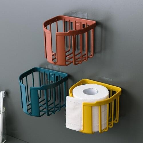 Wall Mounted Roll Holder Multi-function Toilet Paper Rack Adhesive Storage Organizer Shelf Bathroom Tissue Holder Hanging Towels