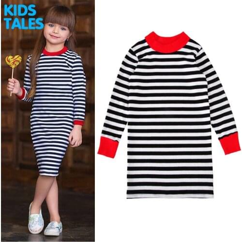 3-7Y Fashion black striped girls dress Toddler Kid Girls Long Sleeve Dress Casual Cotton Dress Winter Clothes