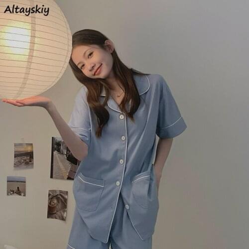 Pajama Sets Women Korean Style Fashion Summer Short Sleeve Casual Simple Homewear Teen Girls Two Piece Sleepwear Elegant College