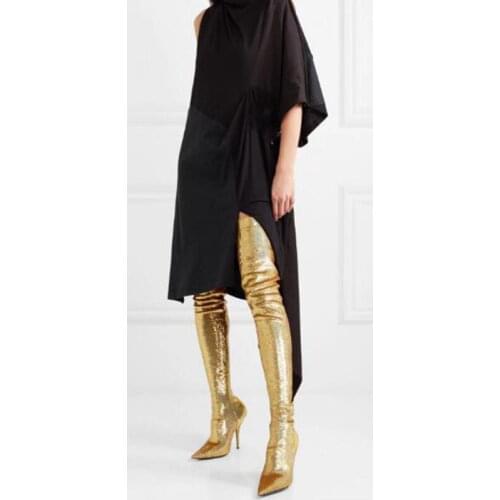 Bling Bling Over the Knee Boots Slim for Woman Sexy Stretch Material with Pointed toe Super Heel Runway Night Club Shoes