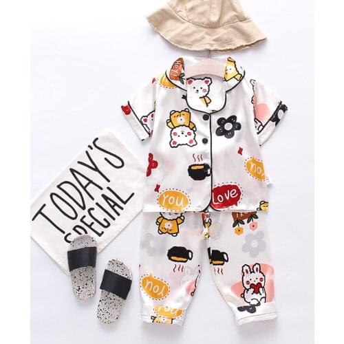 TELOTUNY Kids Baby Boy Girls Letter Cartoon Pajamas Sets Short Sleeve Fake Silk Home Pijamas+Long Pants Summer Sleepwear Outfits