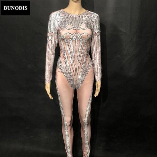ZD159 Full Of DiamondCharcoal Sparkling Crystals Women Sexy Jumpsuit Nightclub Birthday Party Clothing Celebrate Stage Wear