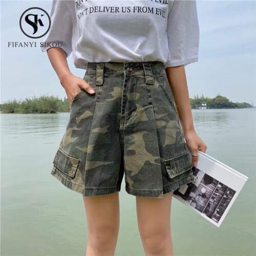 2019 Summer Fashion Camouflage Denim Shorts women Casual Loose Wide leg Short Pants Female Streetwear High waist Shorts Jeans