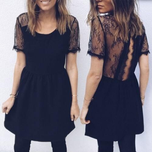 Women Summer Dresses 2018 New Fashion Women Black Lace Pelpum Short Sleeve See Through Mini Dress Sexy Outfits Women Clothing