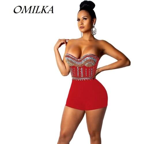 OMILKA 2018 Autumn Winter Women Strapless Diamonds Playsuits Sexy Black Red Shiny Bling Club Party Short Rompers and Jumpsuits