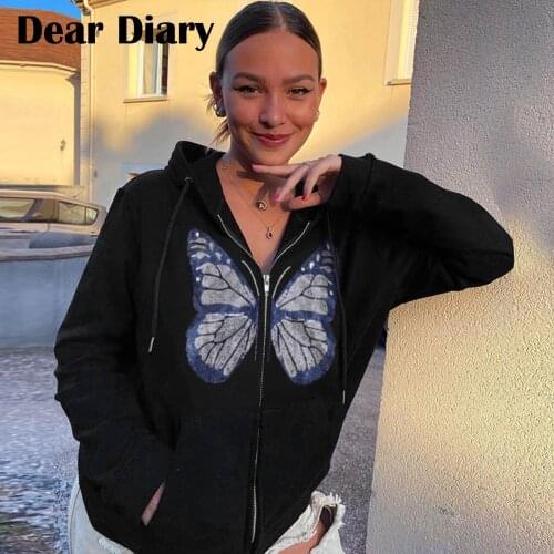 Women Girls Y2k Hooded Coat Harajuku Vintage Jacket Full Zipper Butterfly Print Drawstring Long Sleeve Boyfriend Style Jackets