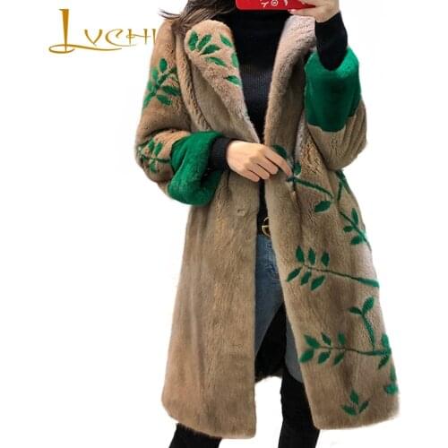 LVCHI Winter 2019 Womens Patchwork Print Mink Coat Natural Fur Contrast Color Mink Coat Medium Imported Velvet Mink Fur Coat