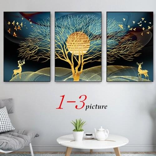 1-3pcs Nordic style Dark Blue Modern Luxury Oil painting gold foil Deer Tree Pattern no frame decor painting bedroom living room