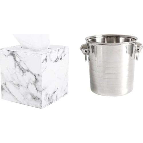 1 Pcs Marble Square Square Tissue Box PU Leather Roll Paper Holder & 1 Pcs Stainless Steel Ice Punch Bucket Container 3L