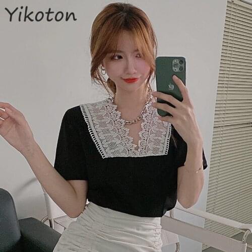 2021 Summer Clothes For Women Short Sleeve T-Shirts Female Basic Lace Patchwork Ladies Clothing Kawaii V-Neck Shirt Tops Fashion