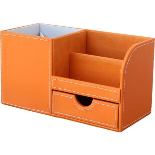 3 Storage Compartments PU Leather Office Desktop Organizer, Stationery Storage Box Collection, Business Card/Pen/Pencil/Mobile