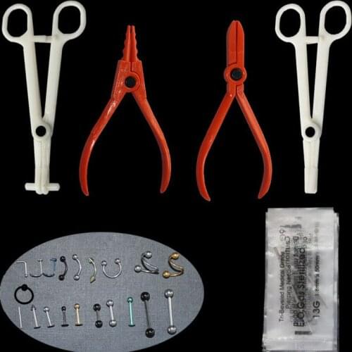 Disposable Body Piercing Kit Tools Pliers Forceps Needles Accessories Set with Eyebrow Labret Lip Nipple Nose Studs Rings