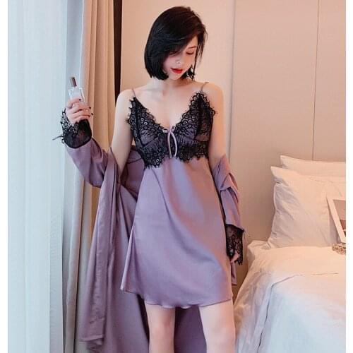 Brand Women Pajamas High Quality Ice silk Home Wear Long Sleeve lace Nightdress With Chest Pad Summer Adult Suspender Nightdress