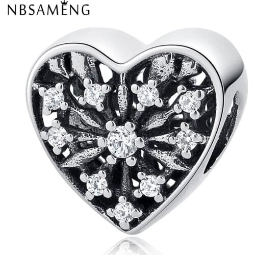 Pure 925 Sterling Silver Heart Winter Openwork Charm Clear CZ Crystal Beads Fit Bracelets & Bangles DIY Jewelry Making