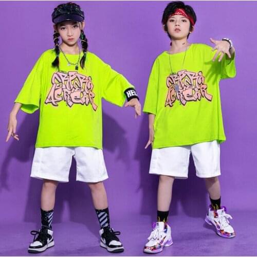 Kid Ballroom Hip Hop Clothing Green Tshirt Oversized T Shirt Top Streetwear Cargo Shorts For Girl Boy Jazz Dance Costume Outfits