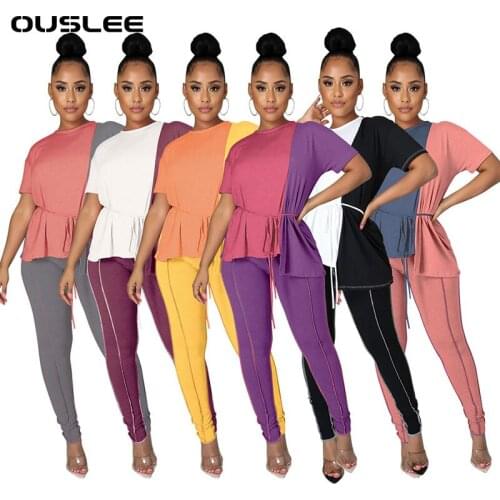 OUSLEE Patchwork Two Piece Set Short Sleeve T Shirt Top Fitness Pants Summer Outfit for Women Tracksuit Loungewear Matching Set