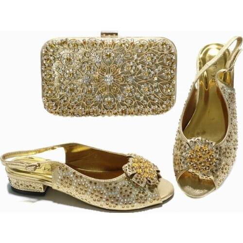 2021 African Hot Selling Neirian Fashon Italian Design Classic Style Dold Color Noble Party Wedding Ladies Shoes and Bag Set