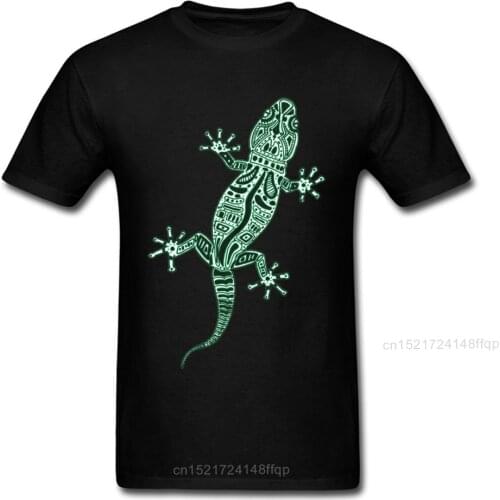 Trendy 2018 Ornate Lizard Black T-shirt Green Tribal Cartoon Pattern T Shirts For Adult Mens Healthy Cotton Tops O-neck