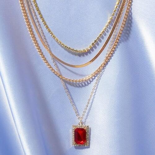 Fashion Multistorey Zircon Red Crystal Necklace Pendant Motorcycle Party Iced Out Gold Color Chain Men Women Hip Hop Jewelry