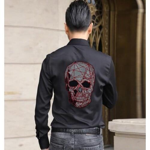 Men Rhinestones Skulls Shirt Casual Long Sleeve Streetwear Button Blouse Fashion Korean Style Shirts Men new designer shirt