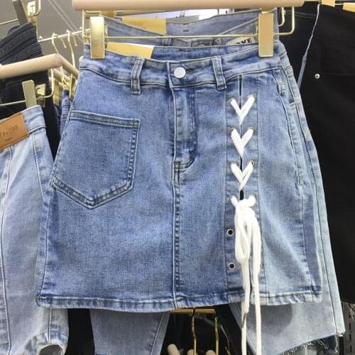 2021 New Summer Denim High Waist Criss-Cross Bandage Skirt Shorts Women Fashion Sexy Tight Elastic Short Jeans Womens Clothing