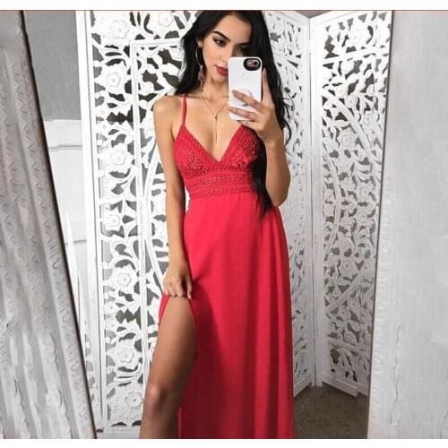 New Fashion Women Boho Lace Long Maxi Dresses Summer Evening Party Strap Low Cut Dress Beach Holiday Casual Dress Sundress