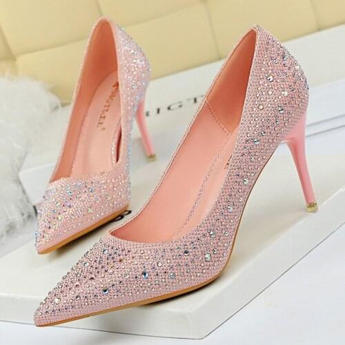 7cm Elegant Rhinestone High Heels Women Pumps Korean Pointed Toe Wedding Shoes Shallow Sexy Crystal Party Shoes Women Size 34-43