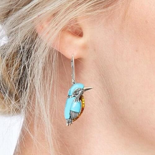 Blue Brid Pendant Necklace Flying Hummingbird Oil Painting Earrings Colorful Animal Brid Stud Earrings Fashion Jewelry