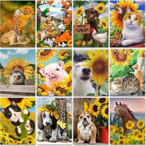 PhotoCustom Oil Paint By Numbers Kits Sunflowers Animal Painting By Numbers On Canvas Frame 60x75cm Draw Painting DIY Home Decor