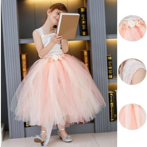 Flower Girls Tutu Dress For Wedding Birthday Party Lace Strap Mid-Calf Girls Boutique Ball Gown Tulle Dress With Satin Top PT48