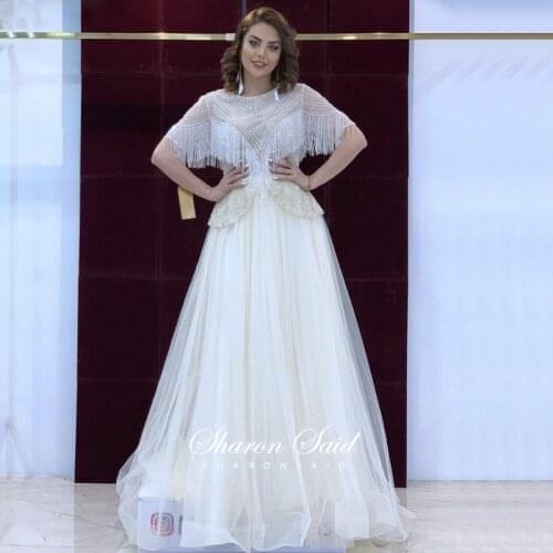 Luxury White Long Dubai Evening Dress Short Sleeve Beading Tassel Silver Arabic Kaftan Formal Gowns Wine Red Black Prom Dresses