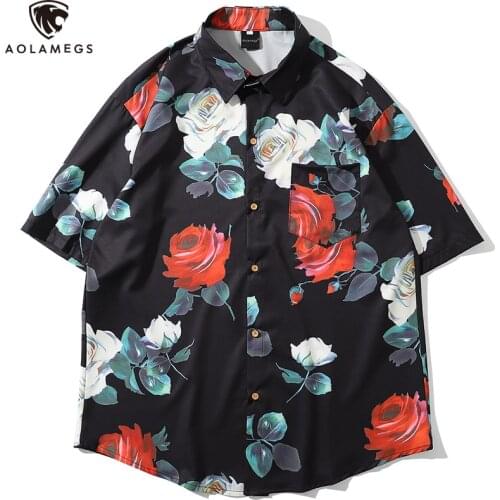 Aolamegs Men Shirt Rose Flower Printed Short Sleeve Shirts Men Summer Bermuda Beach Casual Shirt Tops Vintage Loose Streetwear