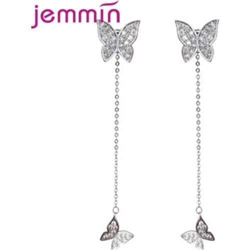 Boutique Lady Animal Butterfly 925 Sterling Silver Cubic Zirconia Tassel Drop Earrings Stylish Piercing Ear Jewelry