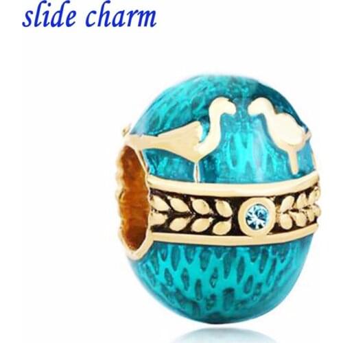 Slide charm Free shipping blue enamel crystal blue couple dove eggs gilded charm beads fit Pandora bracelet