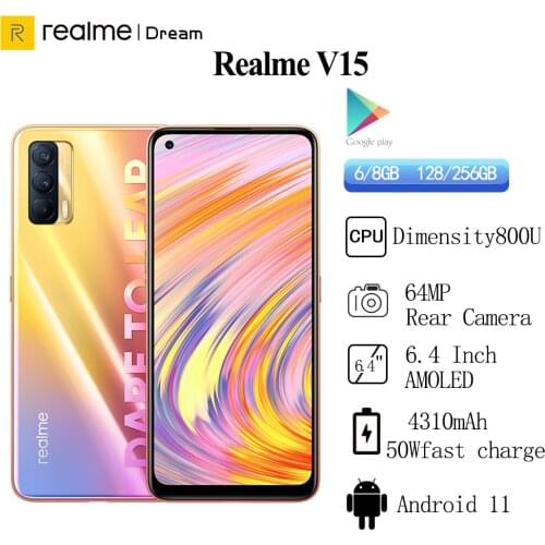 Realme V15 5G Smartphone Dimensity 800U Octa Core 6.4'' AMOLED Fullscreen 64MP Rear Camera 4310mAh 50W Fast Charge Mobile Phone