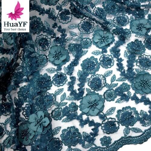 Unique 3d Flower Handwork Beaded With Pearls And Sequins Tulle Lace Fabric HY0787