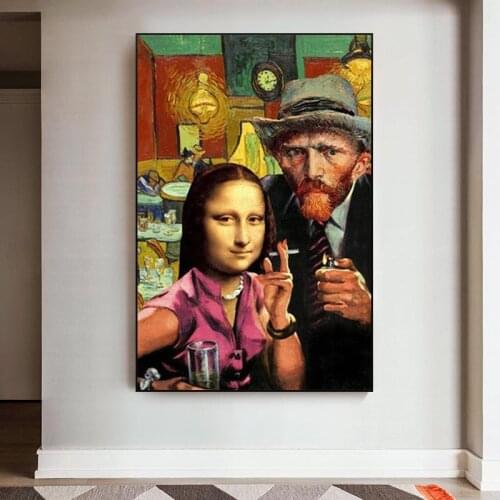 Funny Wall Art Mona Lisa and Van Gogh Smoking Canvas Paintings Art Posters and Prints Da Vinci Famous Paintings for Living Room