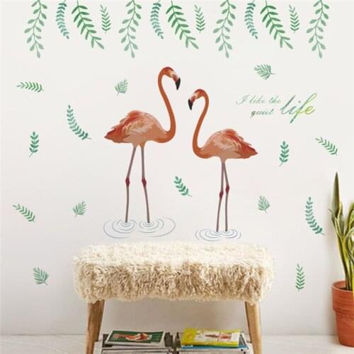 Green Palm Leaves Flamingo Wall Stickers for Living room Bedroom Kids room Nursery Wall Decor Art Murals Baseboard Vinyl Decals