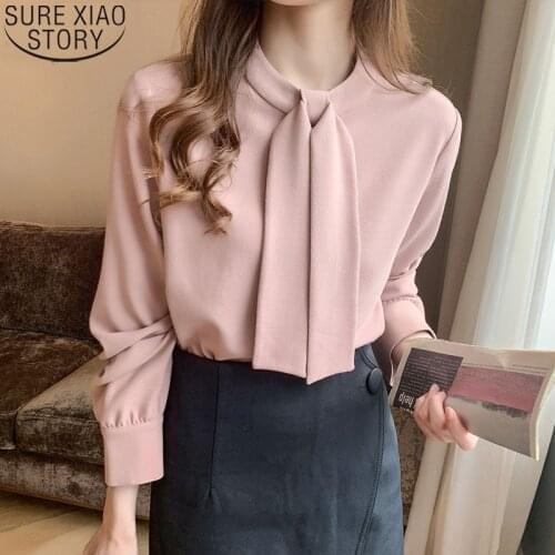 Pink Women Tops and Blouses with Tie Office Lady Bow Blouses Women Spring Loose Long Sleeve Chiffon Shirt Blusas Mujer 13047