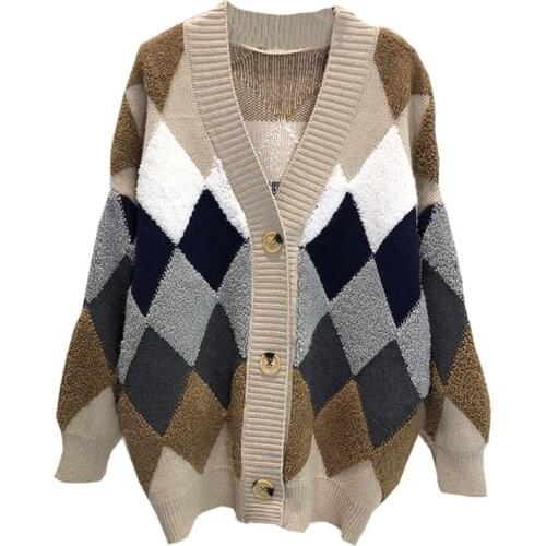 Women Sweaters Spring Autumn 2021 fashionable Casual Plaid V-Neck Cardigans Single Breasted Puff Sleeve Loose Sweater
